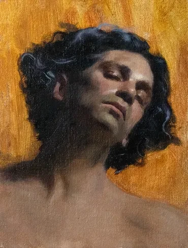 Portrait of a man with curly hair against a golden background, eyes closed