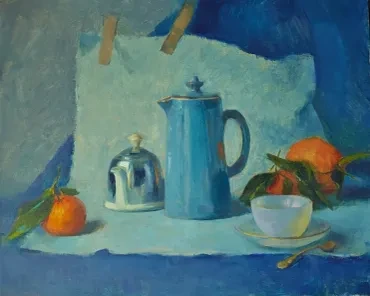 Still life with blue jug, clementines and cup